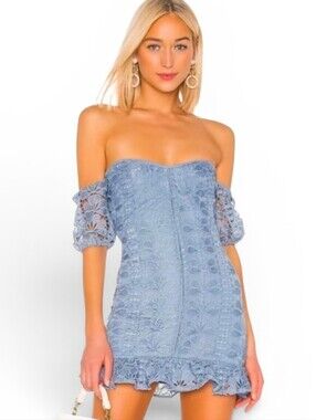 NWT LOVERS + FRIENDS X REVOLVE Echo Off The Shoulder Mini Dress Dusty Blue - XL